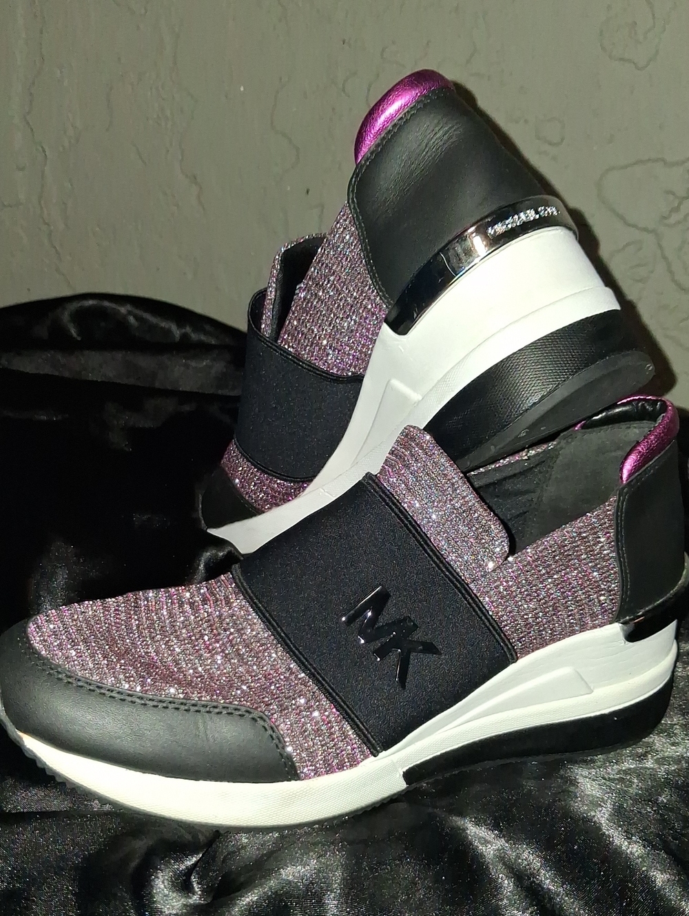 Michael Kors Slip-On Sparkle Knit Sneakers in Purple PINK and Black